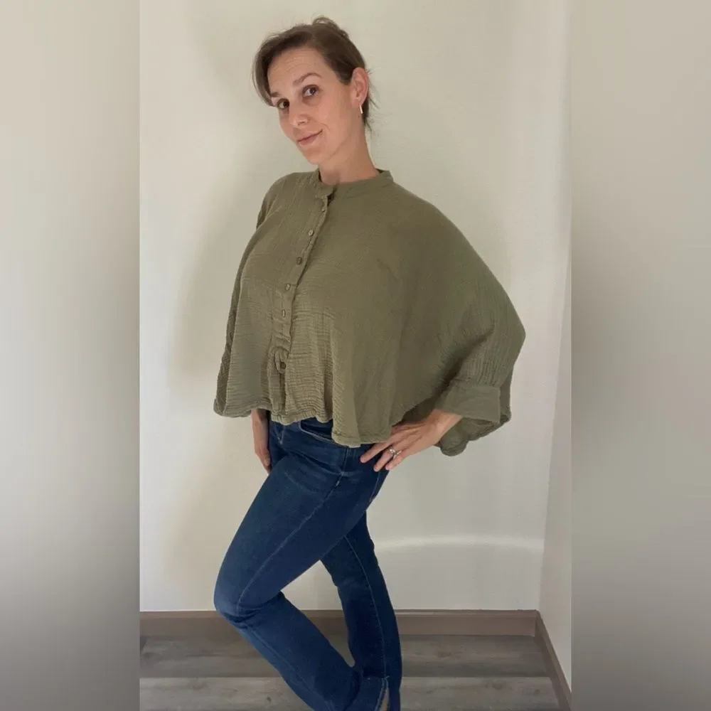 Free People Top Dolman Drape Poncho Flowy Cotton Olive Oversized